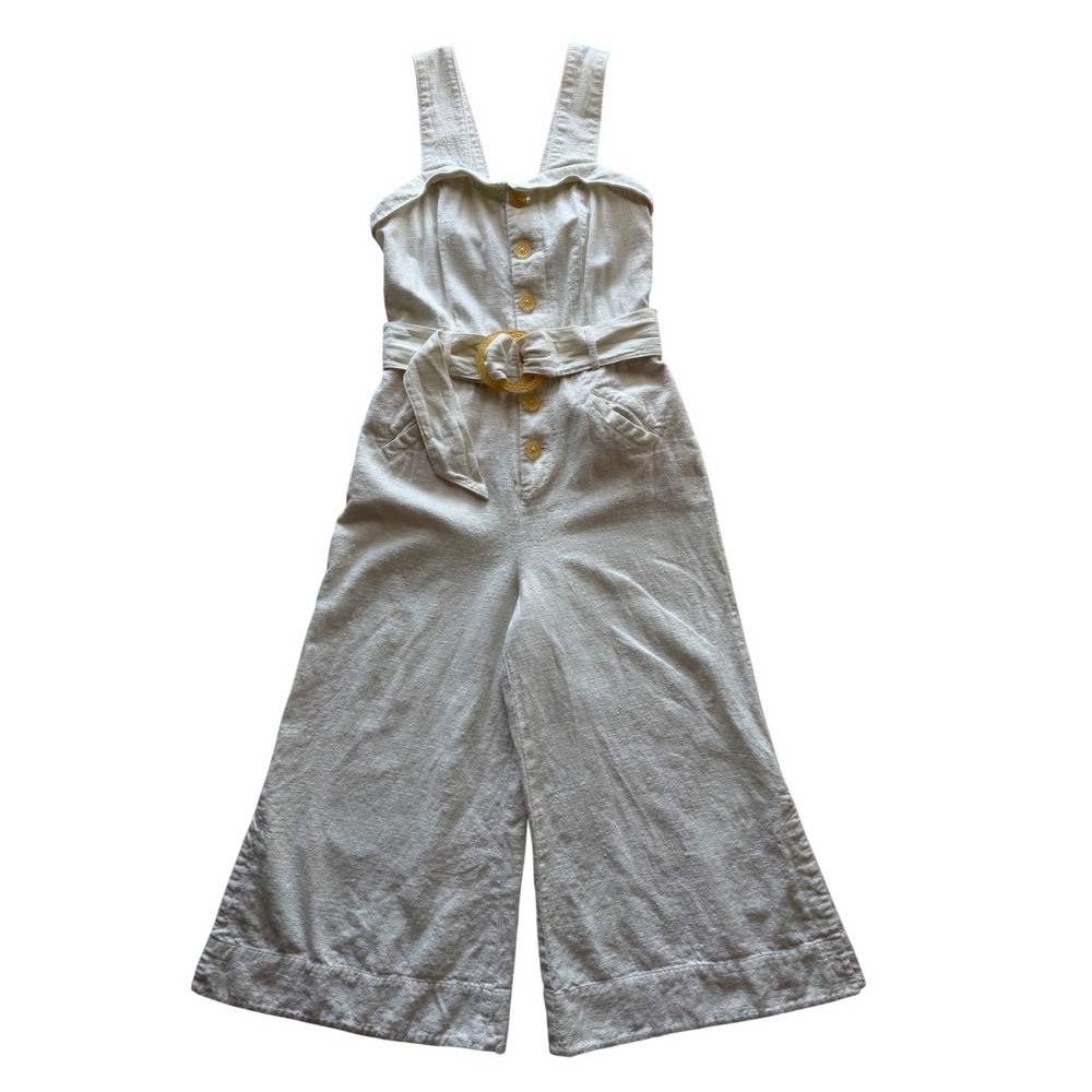 Anthropologie Women's Cream Cape Cod Button Belted Wide Leg Jumpsuit Size 8 - Picture 2 of 16